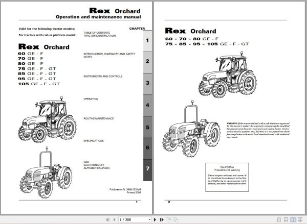 Landini Tractor Rex 60GE to 105GT Orchard Operators Maintenance Manual 3666053M4 EN 1
