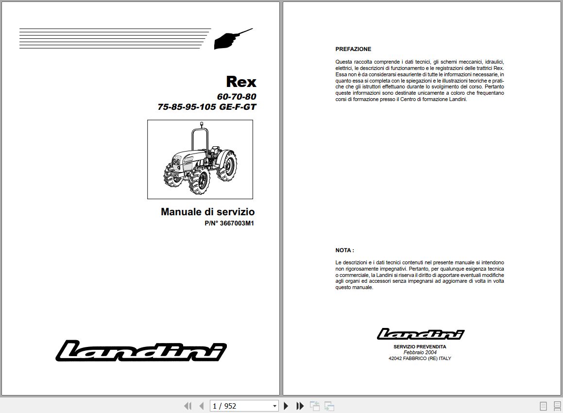 Landini Tractor Rex 60GE to 105GT Service Manual 3667003M1 IT 1