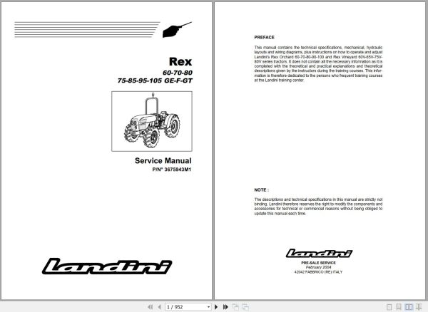 Landini Tractor Rex 60GE to 105GT Service Manual 3675943M1 EN 1