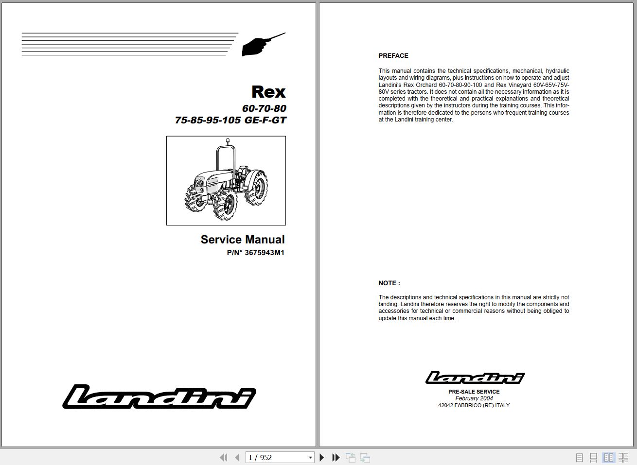 Landini Tractor Rex 60GE to 105GT Service Manual 3675943M1 EN 1