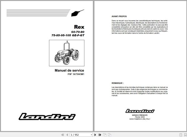 Landini Tractor Rex 60GE to 105GT Service Manual 3675945M1 FR 1