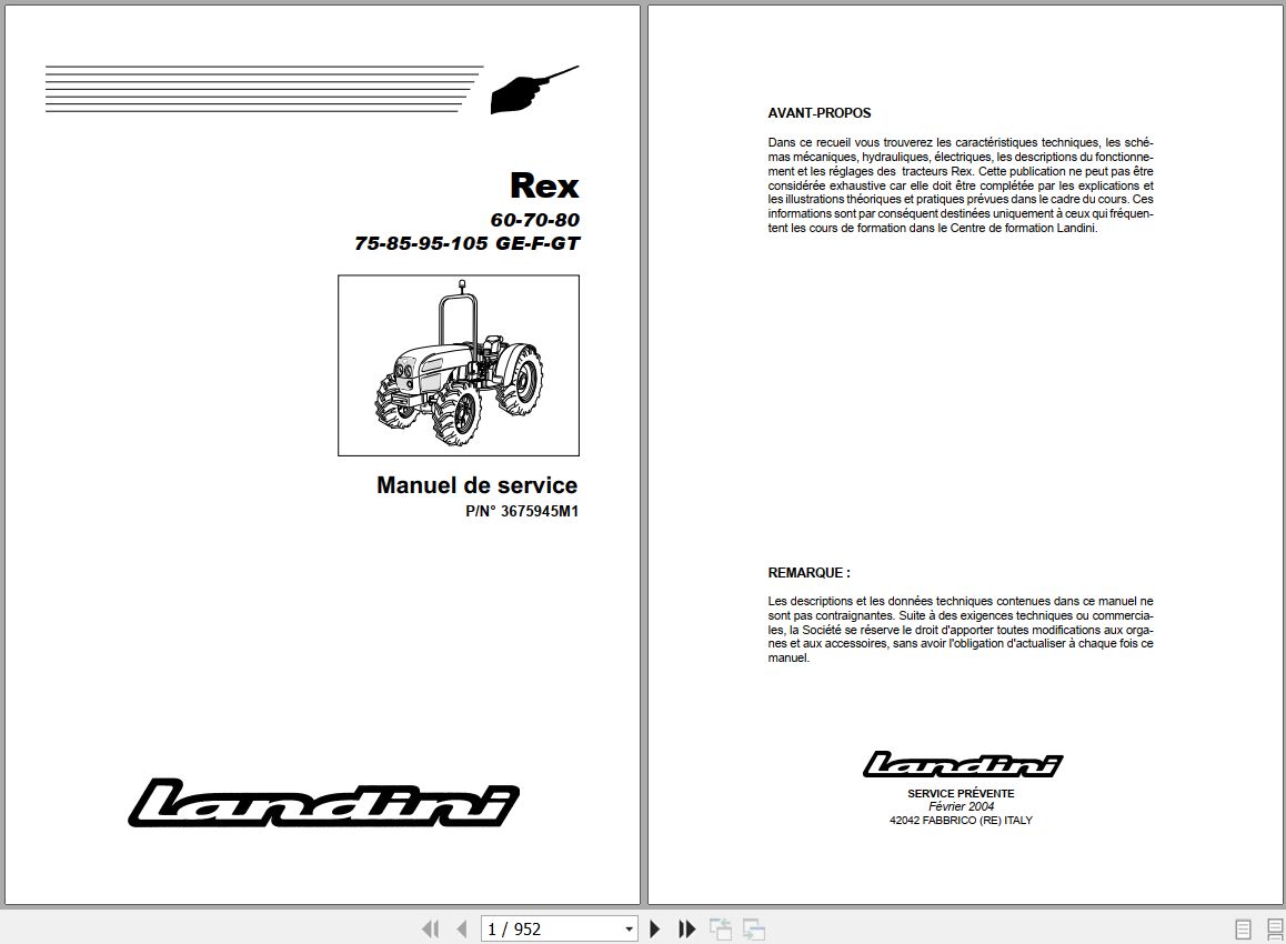 Landini Tractor Rex 60GE to 105GT Service Manual 3675945M1 FR 1