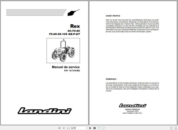 Landini Tractor Rex 60GE to 105GT Service Manual 3675945M2 FR 1