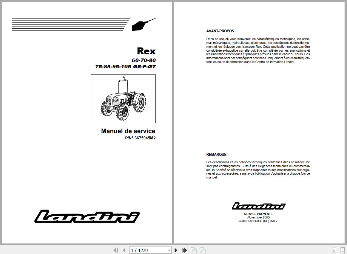 Landini Tractor Rex 60GE to 105GT Service Manual 3675945M2 FR 1