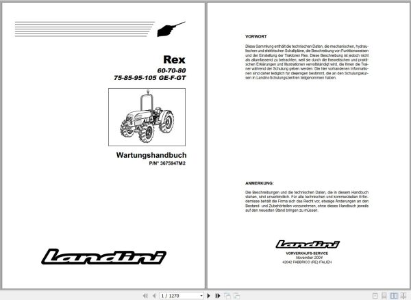 Landini Tractor Rex 60GE to 105GT Service Manual 3675947M2 DE 1