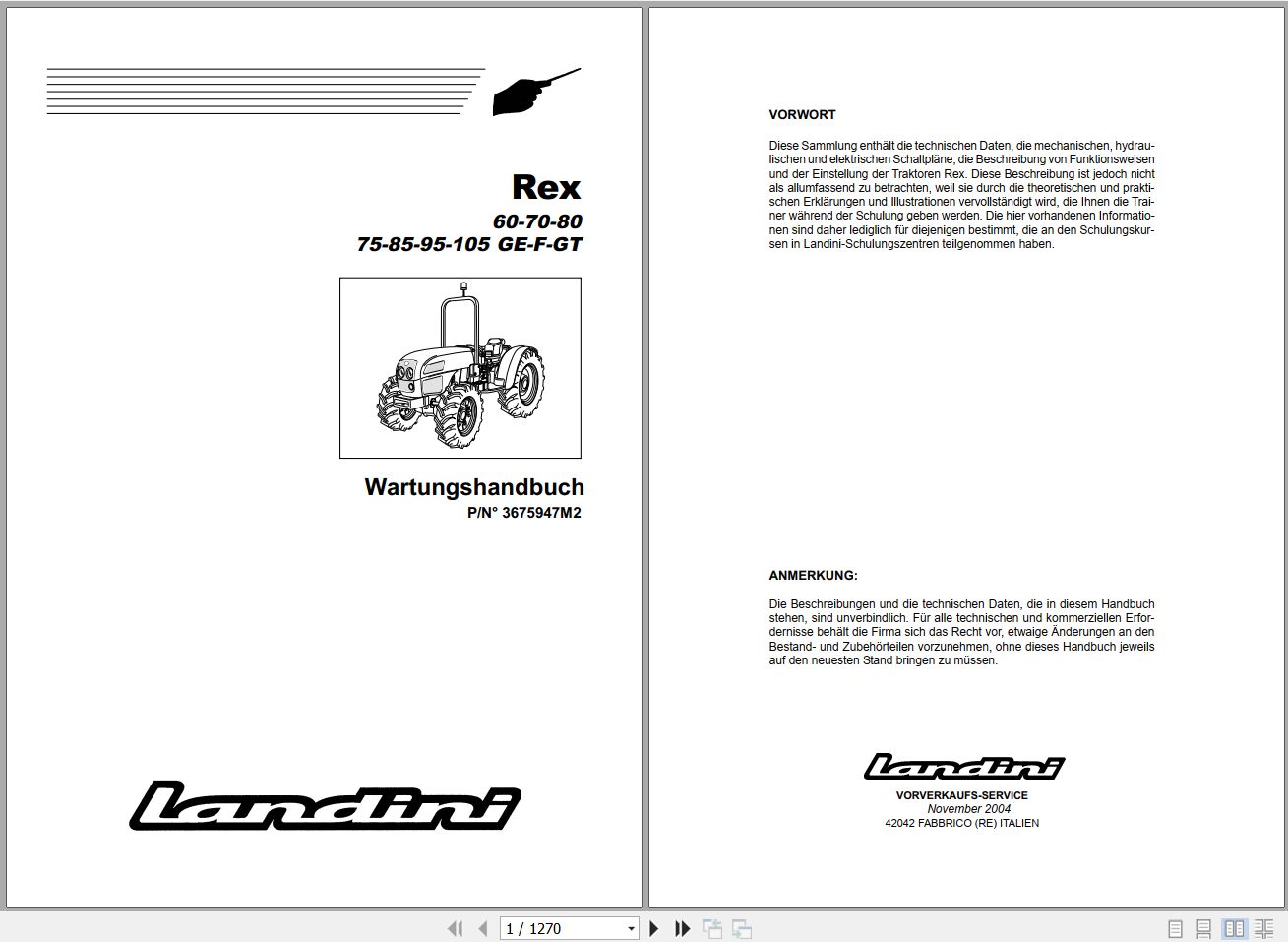 Landini Tractor Rex 60GE to 105GT Service Manual 3675947M2 DE 1