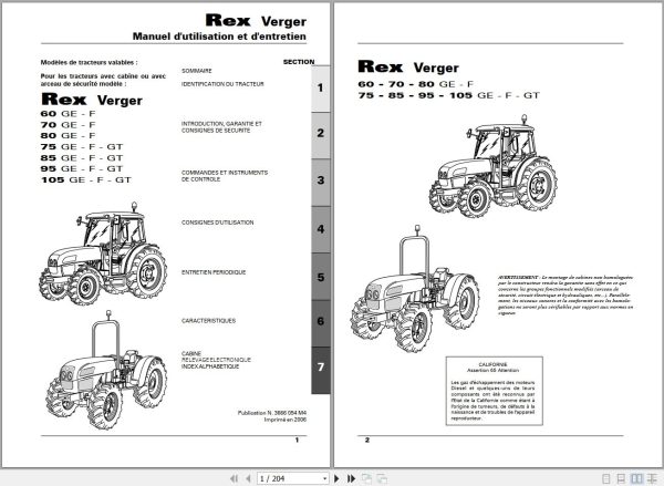 Landini Tractor Rex 60GE to 105GT Verger Operators Maintenance Manual 3666054M4 FR 1