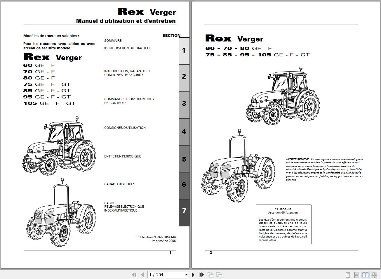 Landini Tractor Rex 60GE to 105GT Verger Operators Maintenance Manual 3666054M4 FR 1