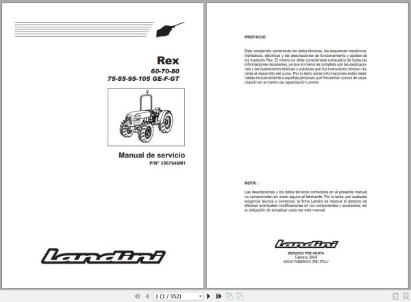 Landini Tractor Rex 60GE to Rex 105GT Service Manual 3567946M1 ES 1