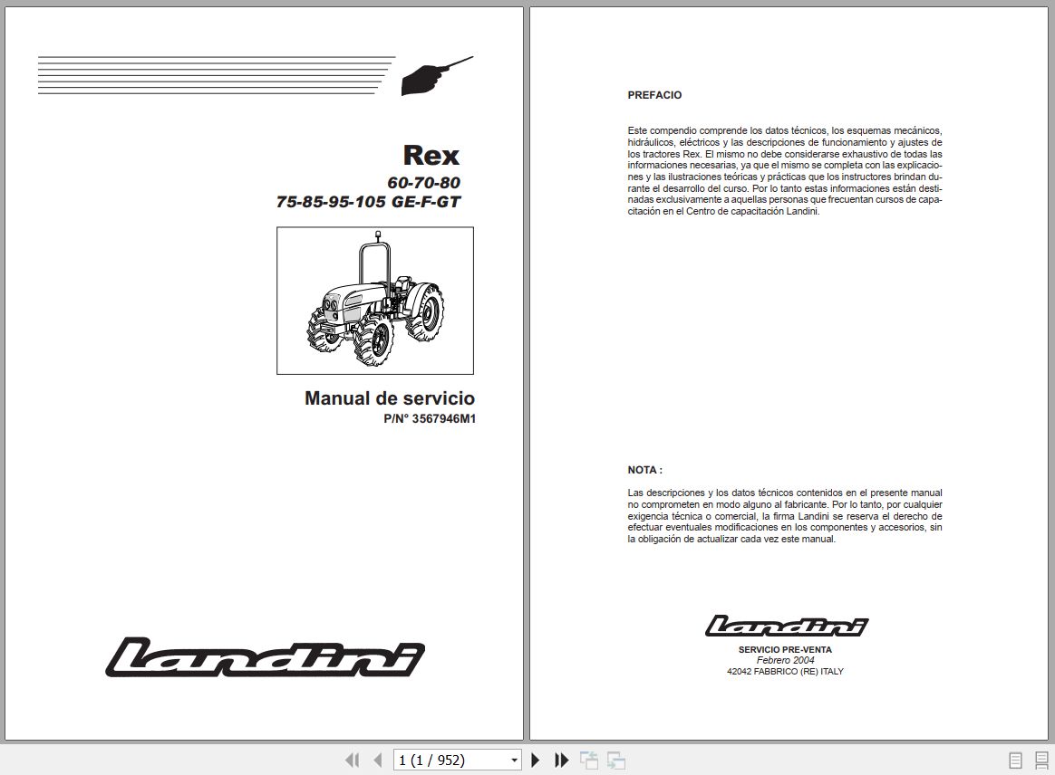 Landini Tractor Rex 60GE to Rex 105GT Service Manual 3567946M1 ES 1