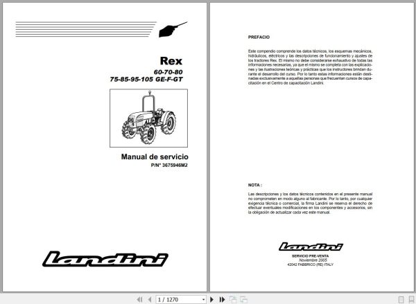 Landini Tractor Rex 60GE to Rex 105GT Service Manual 3675946M2 ES 1