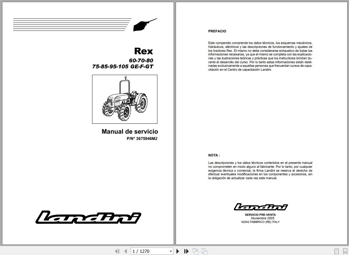 Landini Tractor Rex 60GE to Rex 105GT Service Manual 3675946M2 ES 1