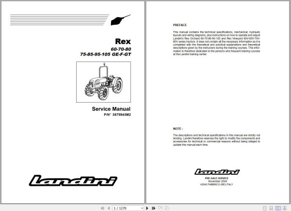 Landini Tractor Rex 60GT to 105GE Service Manual 3675943M2 EN 1