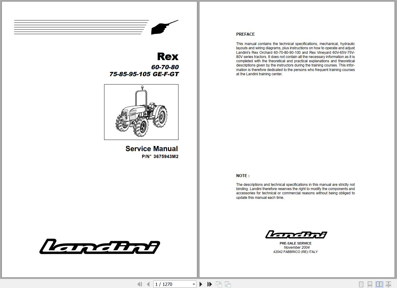 Landini Tractor Rex 60GT to 105GE Service Manual 3675943M2 EN 1