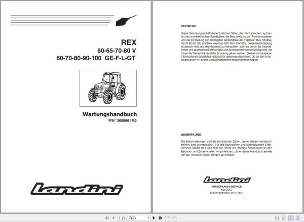 Landini Tractor Rex 60V to Rex 100GT Service Manual 3659964M2 DE 1