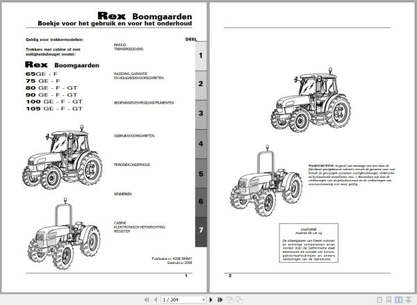 Landini Tractor Rex 65GE to 105GT Boomgaarden Operators Maintenance Manual 4208384M1 NL 1