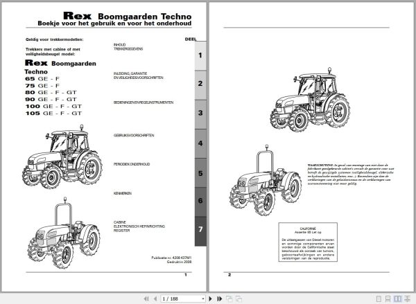 Landini Tractor Rex 65GE to 105GT Boomgaarden Techno Operators Maintenance Manual 4208437M1 NL 1