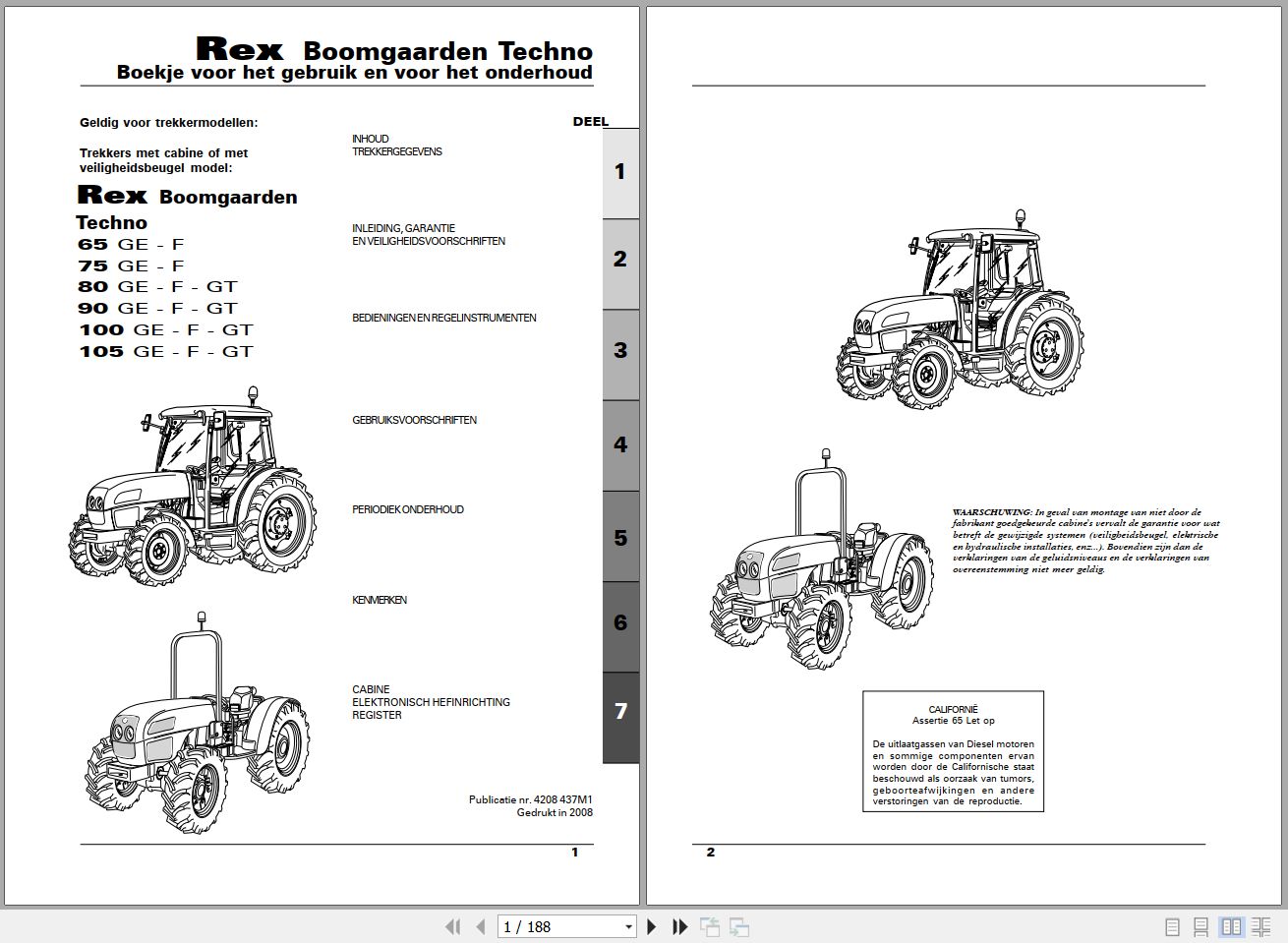 Landini Tractor Rex 65GE to 105GT Boomgaarden Techno Operators Maintenance Manual 4208437M1 NL 1