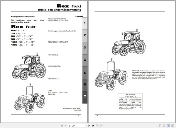 Landini Tractor Rex 65GE to 105GT Frukt Operators Maintenance Manual 4208386M1 SV 1