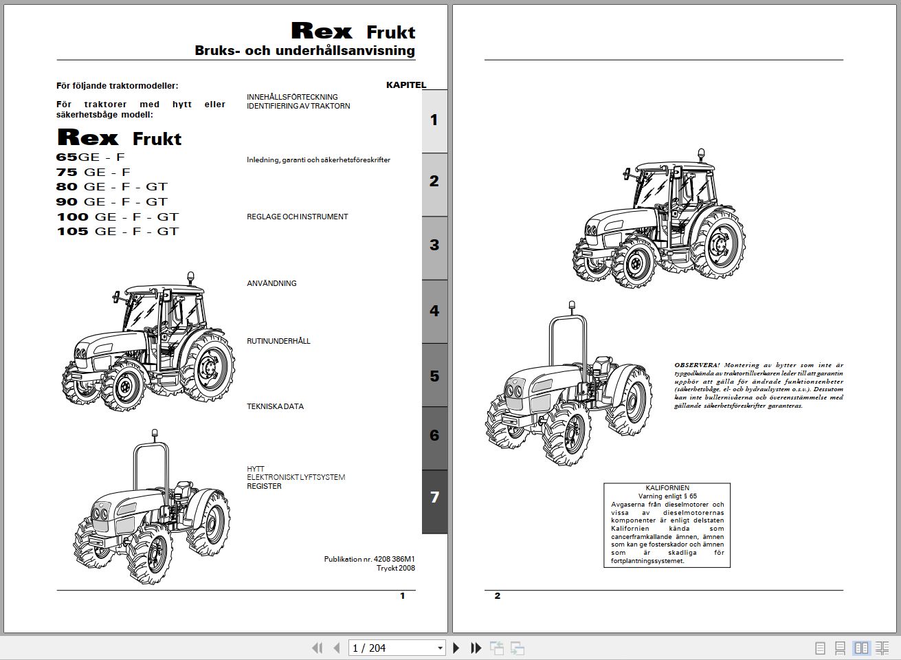 Landini Tractor Rex 65GE to 105GT Frukt Operators Maintenance Manual 4208386M1 SV 1
