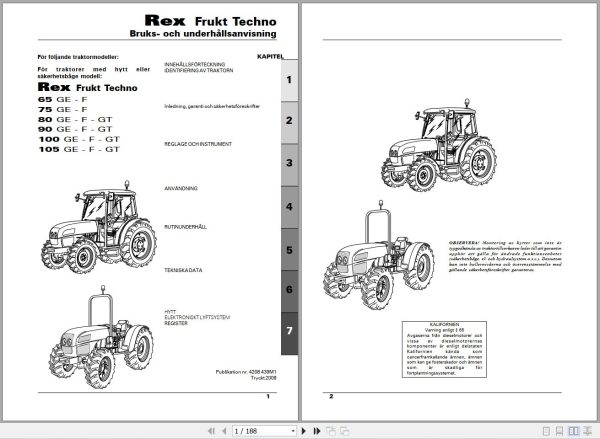 Landini Tractor Rex 65GE to 105GT Frukt Techno Operators Maintenance Manual 4208439M1 SV 1