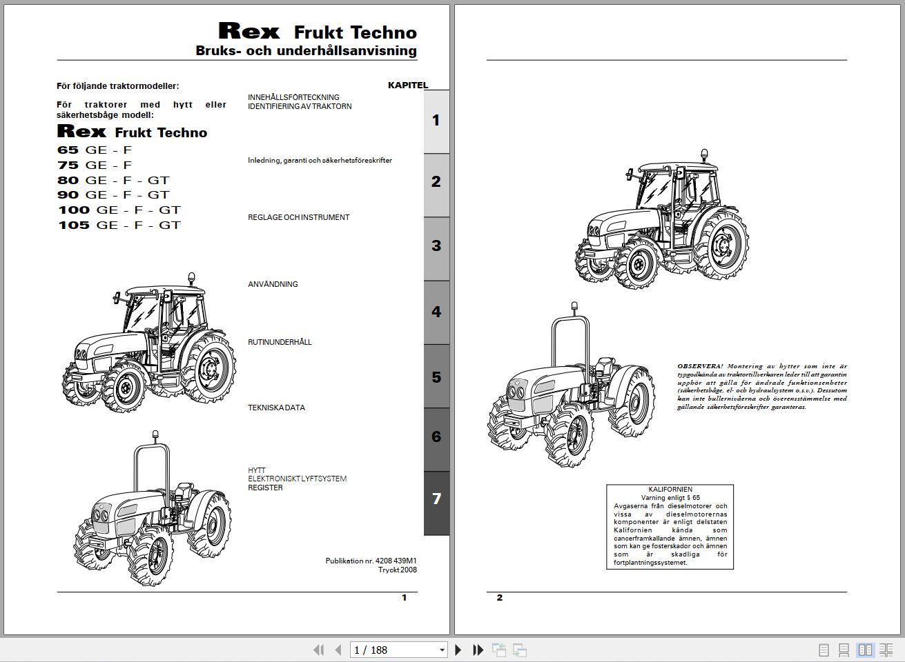 Landini Tractor Rex 65GE to 105GT Frukt Techno Operators Maintenance Manual 4208439M1 SV 1
