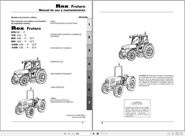 Landini Tractor Rex 65GE to 105GT Frutero Operators Maintenance Manual 4208381M1 ES 1