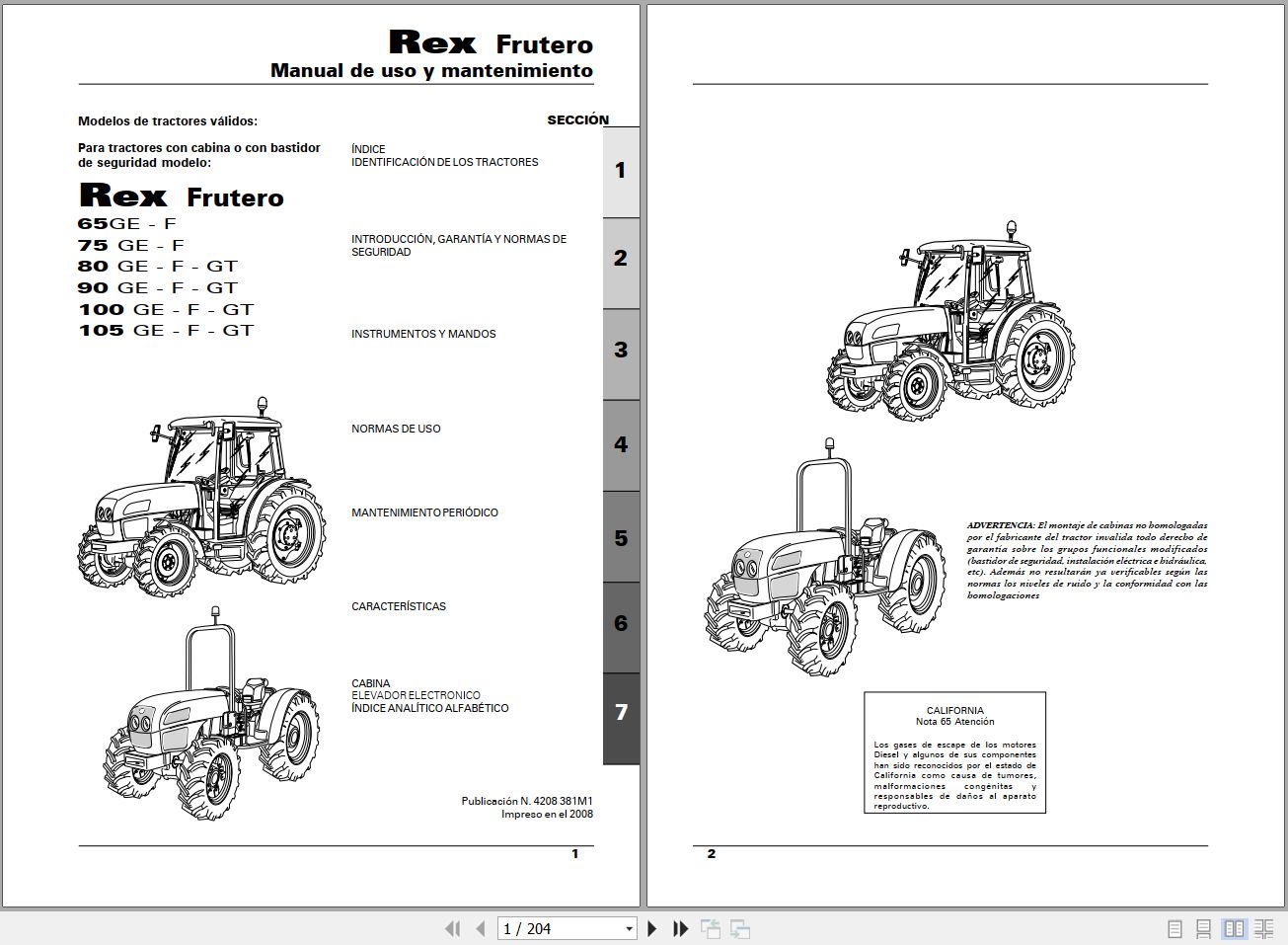 Landini Tractor Rex 65GE to 105GT Frutero Operators Maintenance Manual 4208381M1 ES 1