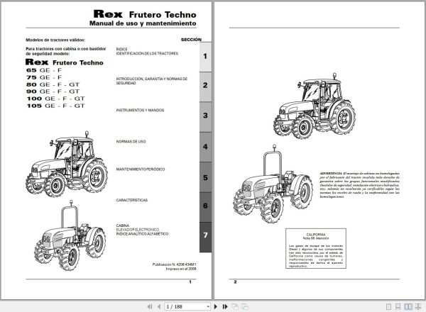Landini Tractor Rex 65GE to 105GT Frutero Techno Operators Maintenance Manual 4208434M1 ES 1