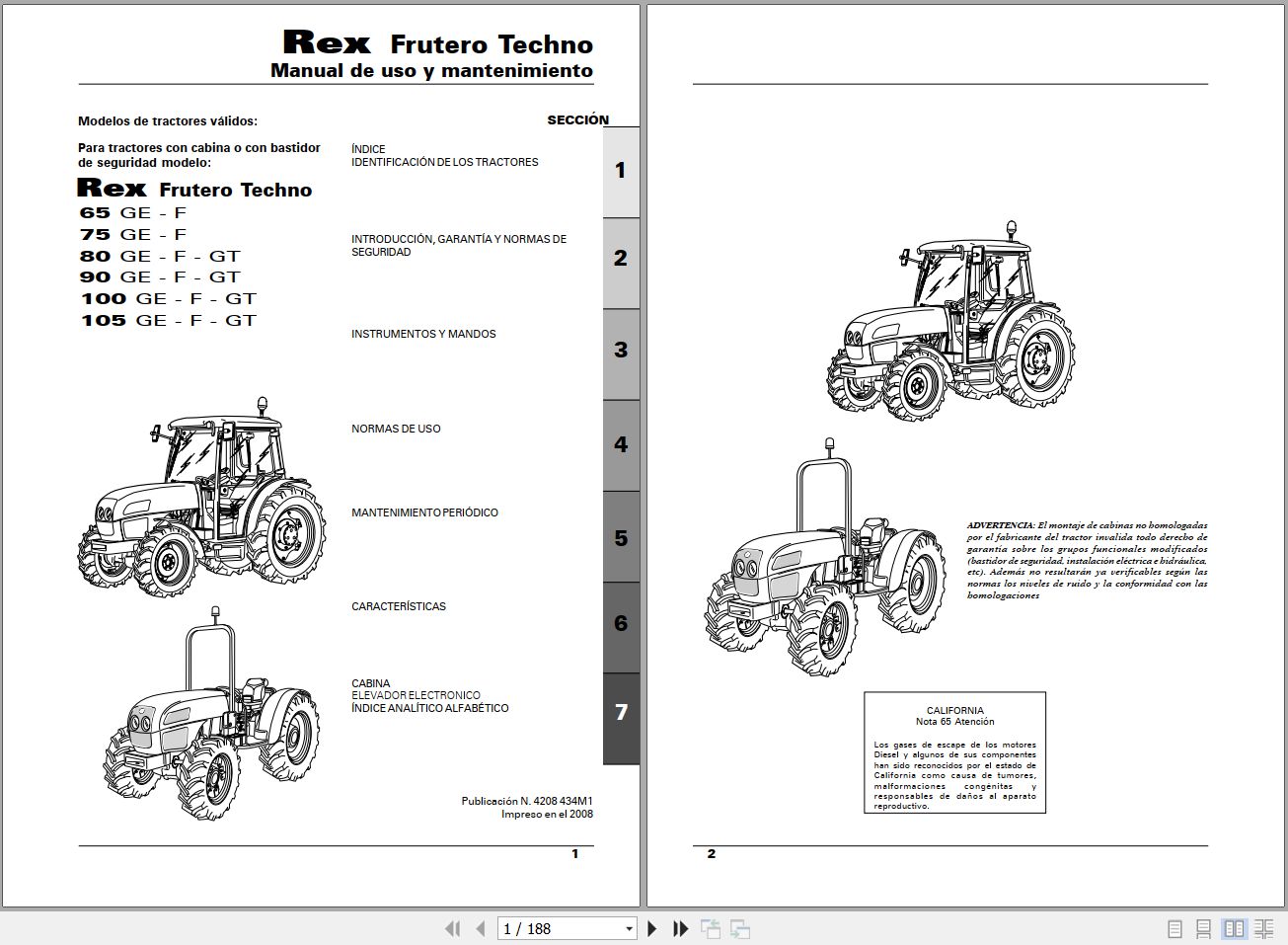 Landini Tractor Rex 65GE to 105GT Frutero Techno Operators Maintenance Manual 4208434M1 ES 1