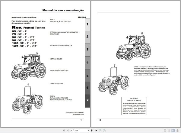 Landini Tractor Rex 65GE to 105GT Frutteti Techno Operators Maintenance Manual 4208436M1 PT 1