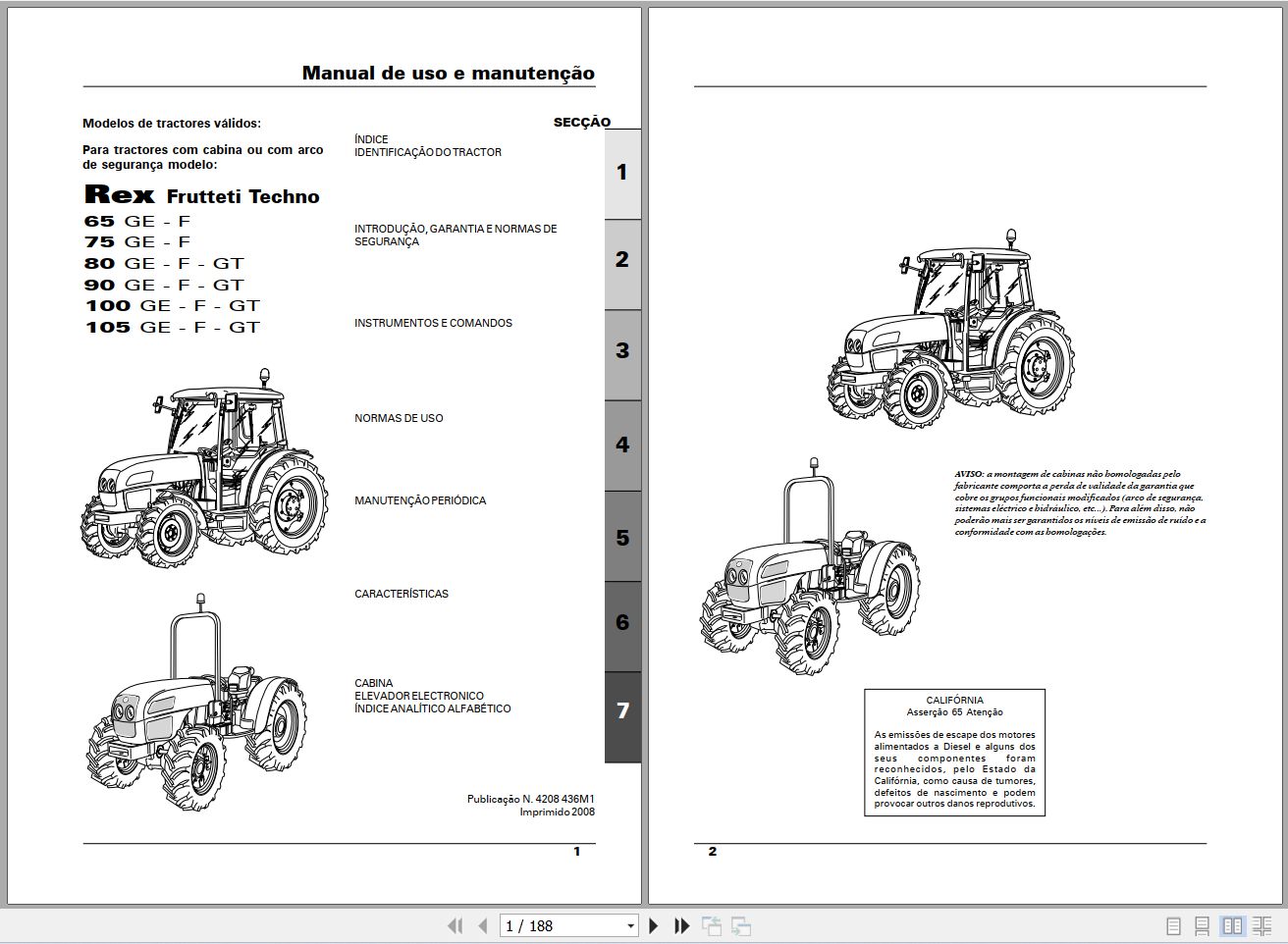 Landini Tractor Rex 65GE to 105GT Frutteti Techno Operators Maintenance Manual 4208436M1 PT 1