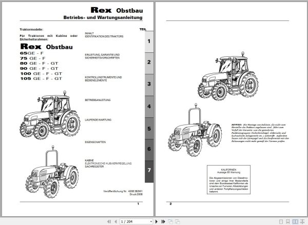 Landini Tractor Rex 65GE to 105GT Obstbau Operators Maintenance Manual 4208382M1 DE 1