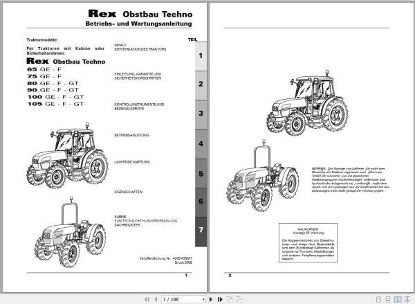 Landini Tractor Rex 65GE to 105GT Obstbau Techno Operators Maintenance Manual 4208435M1 DE 1