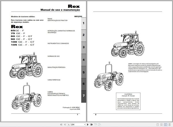 Landini Tractor Rex 65GE to 105GT Operators Maintenance Manual 4208385M1 PT 1