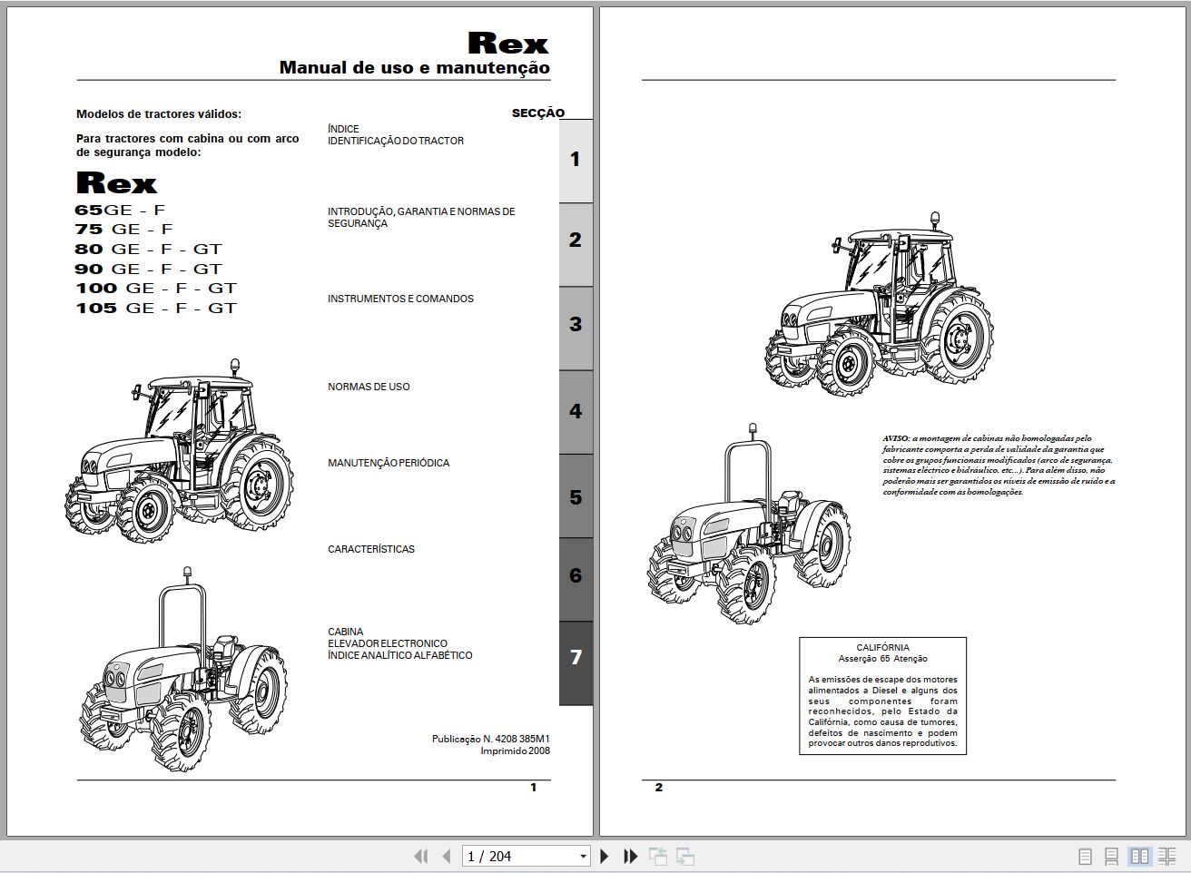 Landini Tractor Rex 65GE to 105GT Operators Maintenance Manual 4208385M1 PT 1