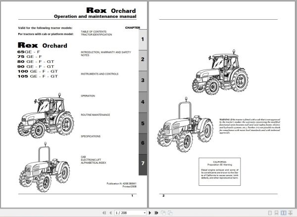 Landini Tractor Rex 65GE to 105GT Orchard Operators Maintenance Manual 4208380M1 EN 1