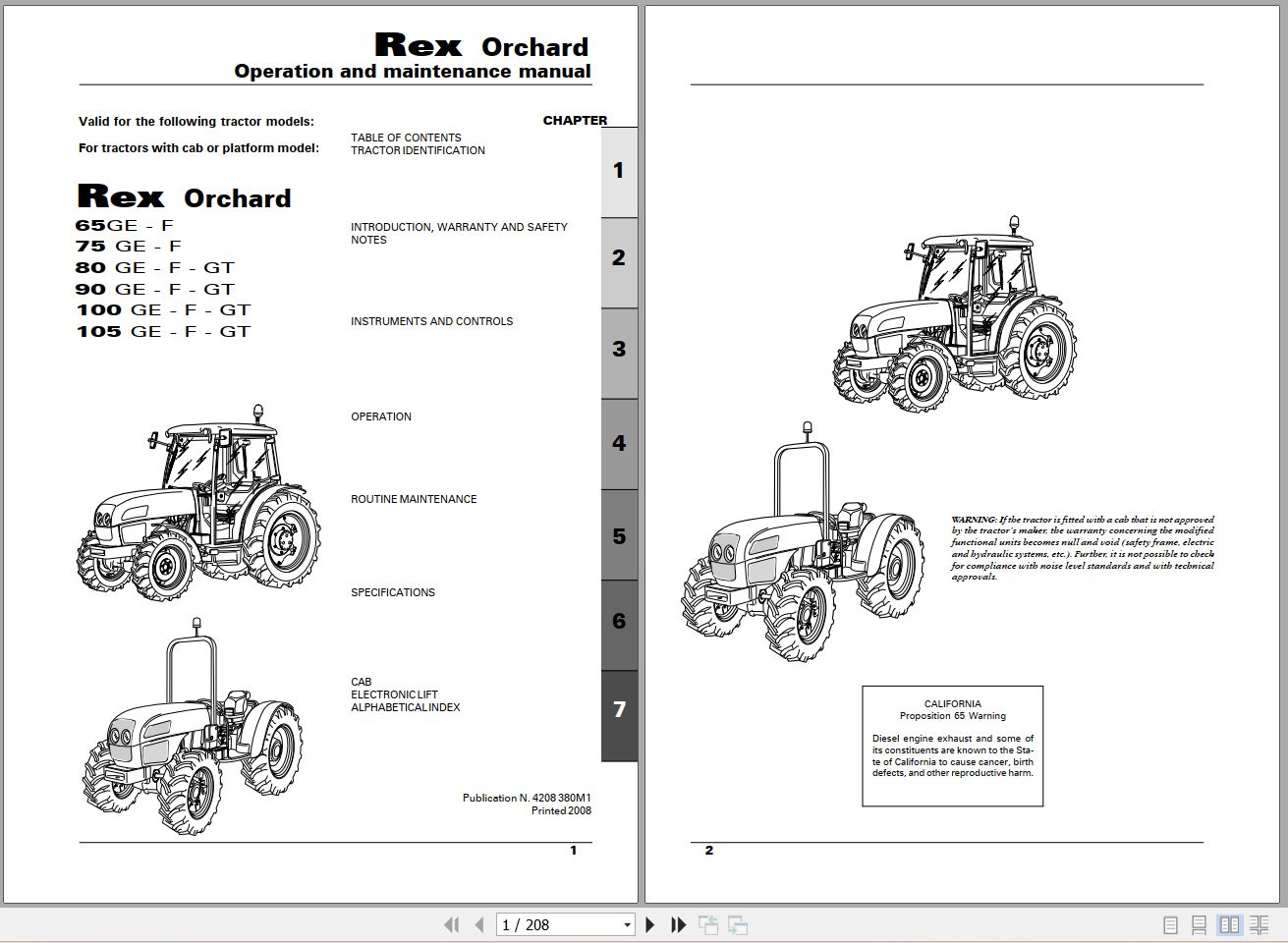 Landini Tractor Rex 65GE to 105GT Orchard Operators Maintenance Manual 4208380M1 EN 1