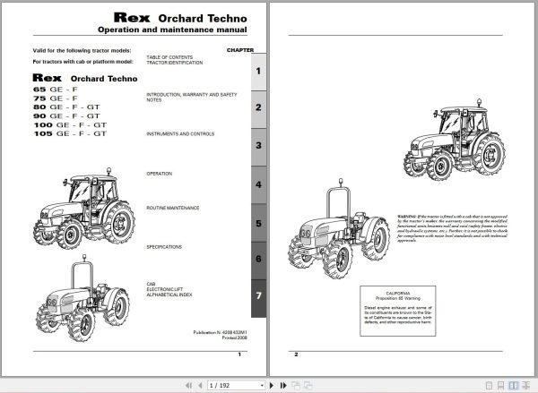 Landini Tractor Rex 65GE to 105GT Orchard Techno Operators Maintenance Manual 4208432M1 EN 1