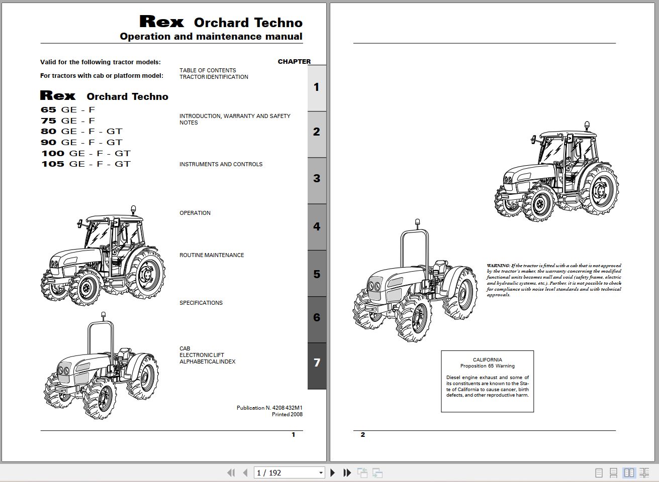 Landini Tractor Rex 65GE to 105GT Orchard Techno Operators Maintenance Manual 4208432M1 EN 1