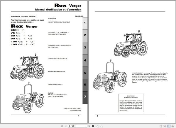 Landini Tractor Rex 65GE to 105GT Verger Operators Maintenance Manual 4208379M1 FR 1