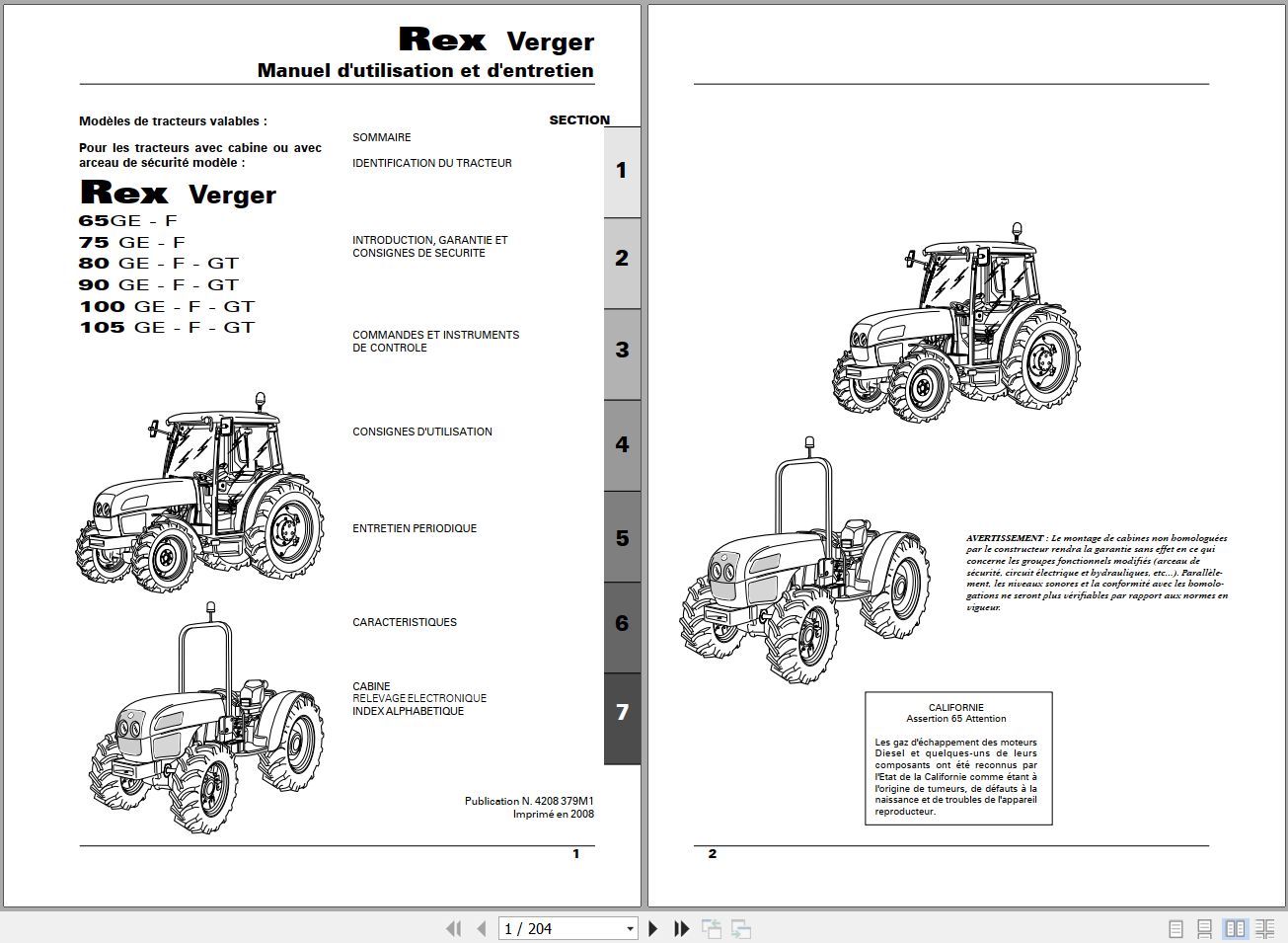 Landini Tractor Rex 65GE to 105GT Verger Operators Maintenance Manual 4208379M1 FR 1