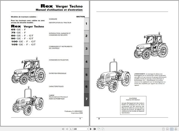Landini Tractor Rex 65GE to 105GT Verger Techno Operators Maintenance Manual 4208433M1 FR 1