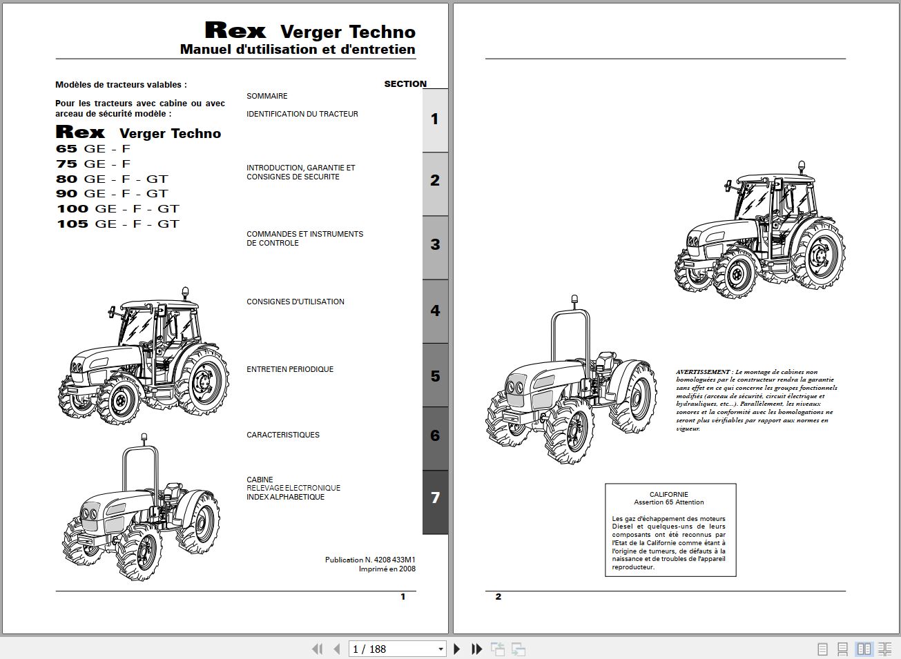Landini Tractor Rex 65GE to 105GT Verger Techno Operators Maintenance Manual 4208433M1 FR 1