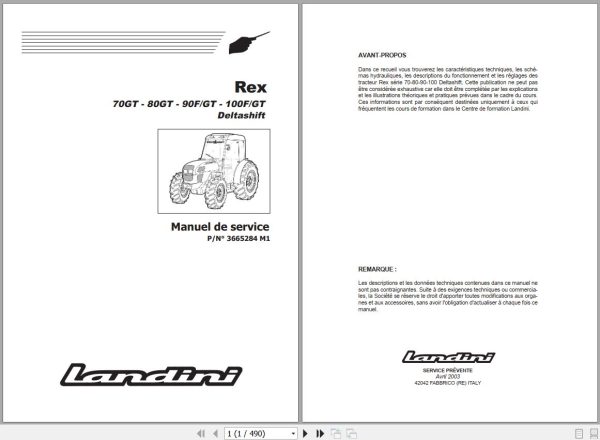 Landini Tractor Rex 70GT 100GT Deltashift Service Manual 3665284M1 FR 1