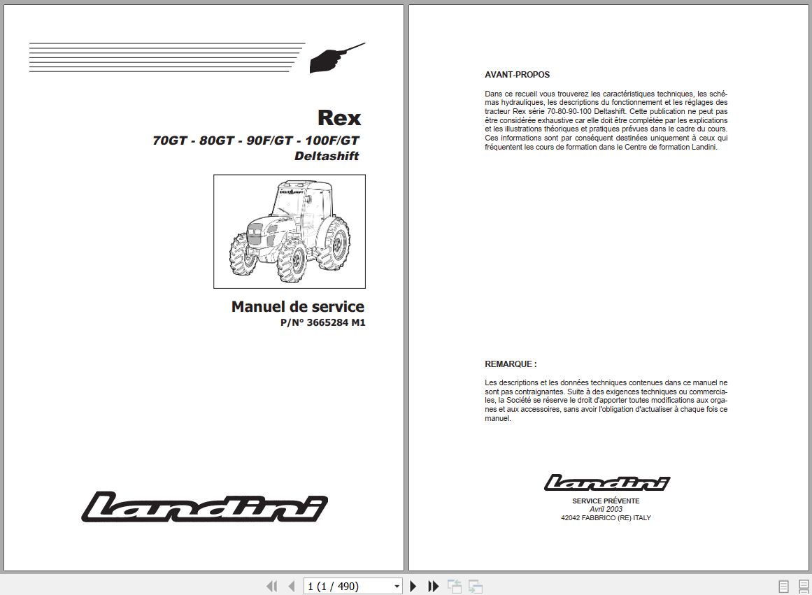 Landini Tractor Rex 70GT 100GT Deltashift Service Manual 3665284M1 FR 1