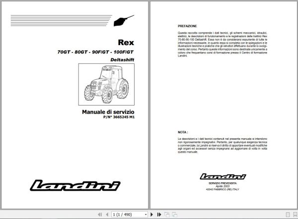 Landini Tractor Rex 70GT to 100GT Deltashift Service Manual 3665245M1 IT 1