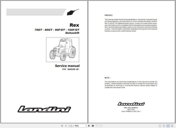 Landini Tractor Rex 70GT to Rex 100GT Service Manual 3665258M1 EN 1