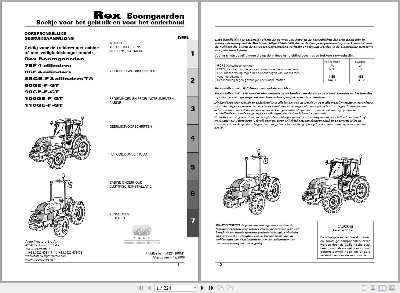 Landini Tractor Rex 75F to 110GT Boomgaarden Operators Maintenance Manual 4221160M1 NL 1
