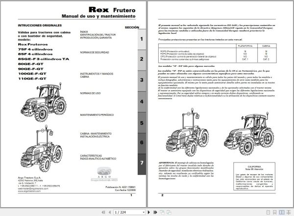 Landini Tractor Rex 75F to 110GT Fruteros Operators Maintenance Manual 4221158M1 ES 1